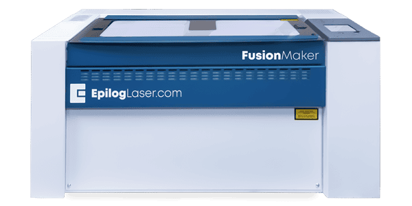 Une machine Epilog Laser Fusion Maker 12 bleue et blanche est présentée sur un fond uni. Cette machine de pointe est dotée dun panneau de commande sur le côté droit et arbore bien en évidence la marque EpilogLaser.com sur son panneau avant.
