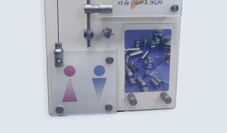 Un plateau avec des composants mécaniques, notamment des engrenages et des tiges. Comprend deux symboles de toilettes, une figurine en forme de triangle rose et une figurine en forme de triangle rond bleu. Certaines sections ont des couvercles transparents, présentant diverses petites pièces métalliques.