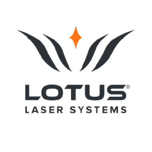 Logo de Lotus Laser Systems représentant une fleur de lotus stylisée à quatre pétales gris foncé surmontée d'une étoile orange. Le texte « LOTUS LASER SYSTEMS » est écrit en dessous en caractères gras et foncés, soulignant son rôle de constructeur de machine laser