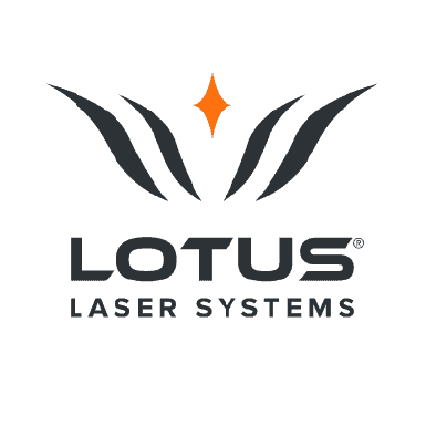 Logo de Lotus Laser Systems représentant une fleur de lotus stylisée à quatre pétales gris foncé surmontée d'une étoile orange. Le texte « LOTUS LASER SYSTEMS » est écrit en dessous en caractères gras et foncés, soulignant son rôle de constructeur de machine laser