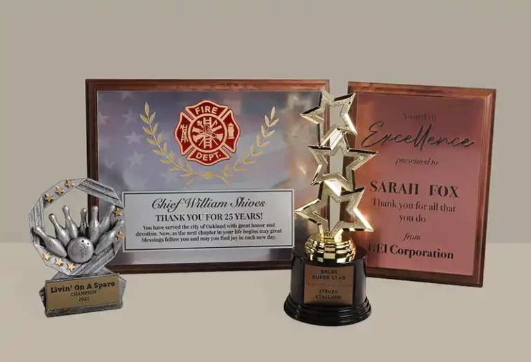 Une présentation de quatre prix : une plaque de pompier avec un message de remerciement, un trophée de bowling avec un motif de quille et de boule, un trophée en forme détoile et une plaque dexcellence dentreprise. Chacun représente une reconnaissance des réalisations.