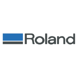 Logo avec un rectangle bleu et le mot "Roland" en gris sur fond noir, représentant un revendeur de machines.