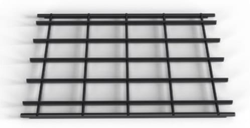 Une grille en métal noir, fabriquée avec une précision semblable à celle dune Epilog Fusion Maker 12, présente des barres horizontales et verticales uniformément espacées posées à plat sur un fond blanc.