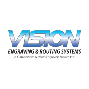 Logo de Vision Engraving & Routing Systems avec le texte : « A Company of Western Engravers Supply, Inc. » Le mot « Vision » brille en dégradé bleu et blanc, tandis que le reste est en noir. Découvrez la précision avec ce revendeur de machines de fraisage.