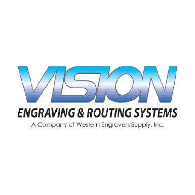 Logo de Vision Engraving & Routing Systems avec le texte : « A Company of Western Engravers Supply, Inc. » Le mot « Vision » brille en dégradé bleu et blanc, tandis que le reste est en noir. Découvrez la précision avec ce revendeur de machines de fraisage.