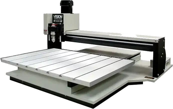 Une machine de gravure Vision avec une surface de travail plane et un portique mobile, idéale pour le fraisage moyen format. Sa finition métallique suggère quelle est conçue pour des applications industrielles ou de fabrication.