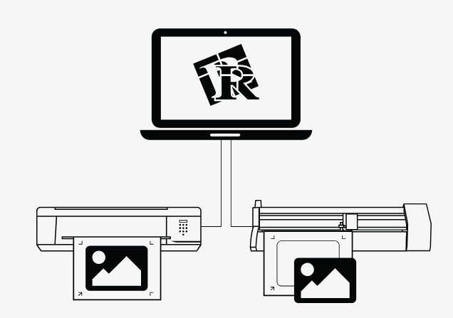Illustration dun ordinateur portable affichant un logo, connecté à deux imprimantes et à un plotter de découpe. Chaque imprimante affiche une feuille avec une icône dimage. Le design suggère un flux de travail numérique fluide impliquant limpression, la découpe et la conception.