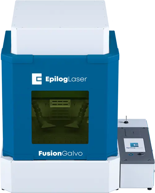 Machine Epilog Laser Fusion Galvo bleue et blanche avec fenêtre foncée sur l'avant et panneau de commande latéral, utilisée pour le marquage et la gravure de précision par laser fibre galvo.