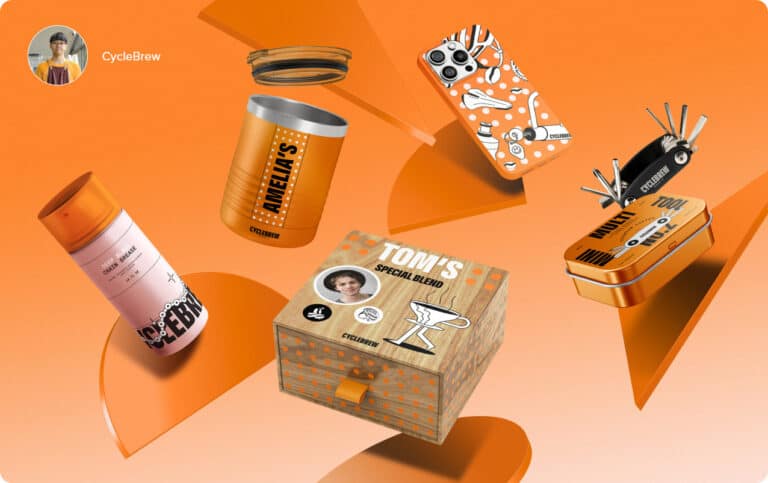 Une image numérique sur fond orange montre divers articles portant une marque personnalisée, qui constituent un objet d'impression durable, notamment une canette de boisson, un étui de téléphone, un ensemble d'outils multiples, une boîte carrée, un vaporisateur rose et une boîte ouverte étiquetée "Tom's Special Blend" (mélange spécial).