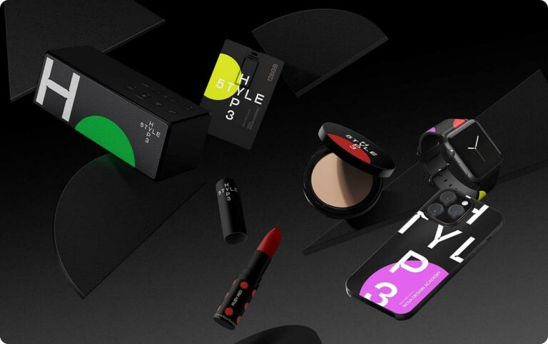 Une présentation à plat présentant un smartphone, une enceinte sans fil, une montre connectée, un rouge à lèvres, une poudre compacte et des cartes de visite sur un fond noir. Chaque article présente un design épuré et moderne avec des accents géométriques colorés qui laissent une impression de lobjet indéniablement élégante.