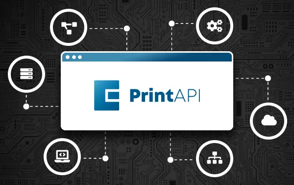 Une fenêtre de navigateur affichant le logo PrintAPI se trouve au centre, entourée de six icônes circulaires - serveurs, code, engrenages, nuage, réseau et paramètres - reliées par des lignes pointillées sur un fond de circuit imprimé sombre ressemblant à une grille laser de machine.