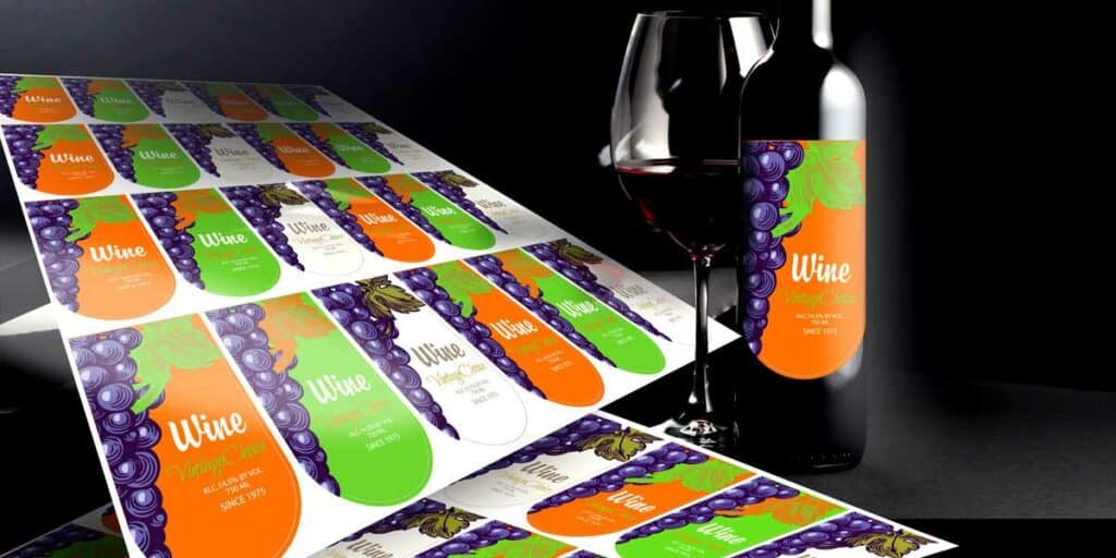 Une bouteille de vin et un verre de vin rouge sont disposés avec art à côté de feuilles détiquettes de vin colorées. Ces étiquettes, produites avec un plotter de découpe, présentent des illustrations de raisins et la phrase « Wine Vineyards » sur des fonds vibrants dans des teintes comme le violet, lorange et le vert.