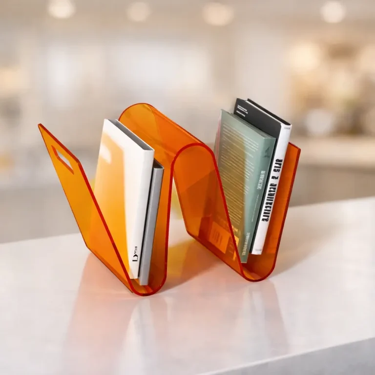 Un porte-revues orange, translucide, en forme de vague, fabriqué en plieuse plastique, est posé sur une surface de couleur claire et tient plusieurs livres et magazines debout. L'arrière-plan légèrement flou suggère un environnement intérieur accueillant.