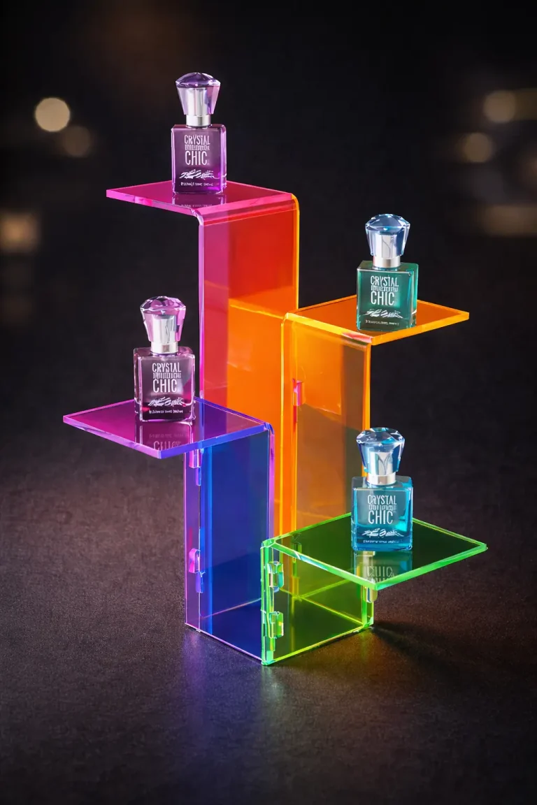 Quatre petits flacons de parfum Crystal Chic sont présentés sur un support en acrylique plieuse plastique à plusieurs niveaux, avec des segments roses, orange, jaunes, bleus et verts, sur un fond sombre et flou.