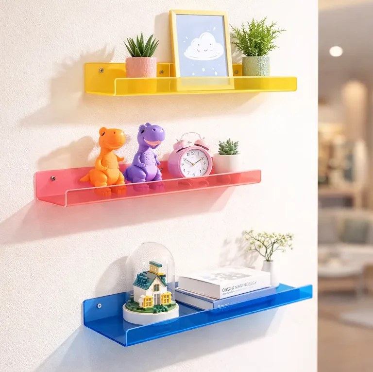 Trois étagères murales colorées - jaune, rose et bleue - présentent des plantes en pot, un tableau encadré, des dinosaures en jouet, une horloge rose, une maison miniature dans un dôme et des livres empilés contre un mur blanc à côté d'une plieuse plastique compacte.