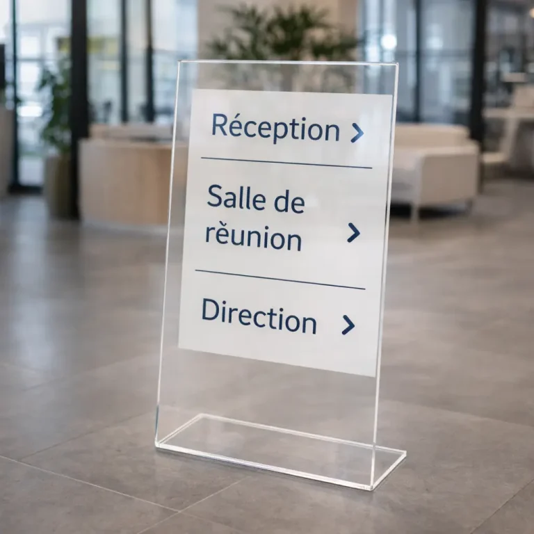 Dans le hall d'entrée d'un bureau moderne, un panneau en acrylique transparent, fabriqué avec une plieuse plastique, affiche un texte bleu en français avec des flèches : Réception, Salle de réunion, et Direction. L'arrière-plan comporte des sièges et de grandes fenêtres.