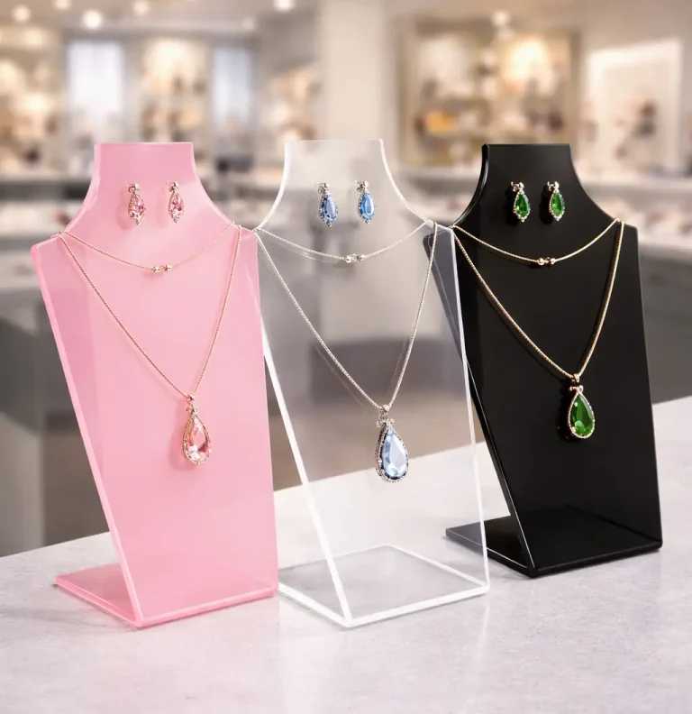 Trois présentoirs à bijoux roses, transparents et noirs contiennent chacun un collier et des boucles d'oreilles assortis avec des pendentifs en pierres précieuses colorées - roses, bleues et vertes - disposés élégamment à l'aide d'une plieuse plastique. L'intérieur du magasin est flou à l'arrière-plan.