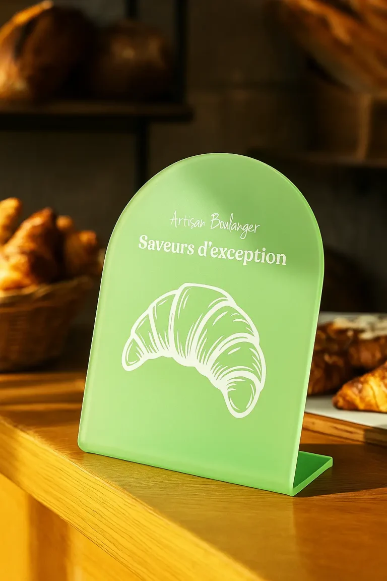 Une enseigne verte avec une illustration de croissant blanc et le texte Artisan Boulanger Saveurs d'exception est posée sur un comptoir en bois, avec des croissants, du pain et une plieuse plastique en arrière-plan.
