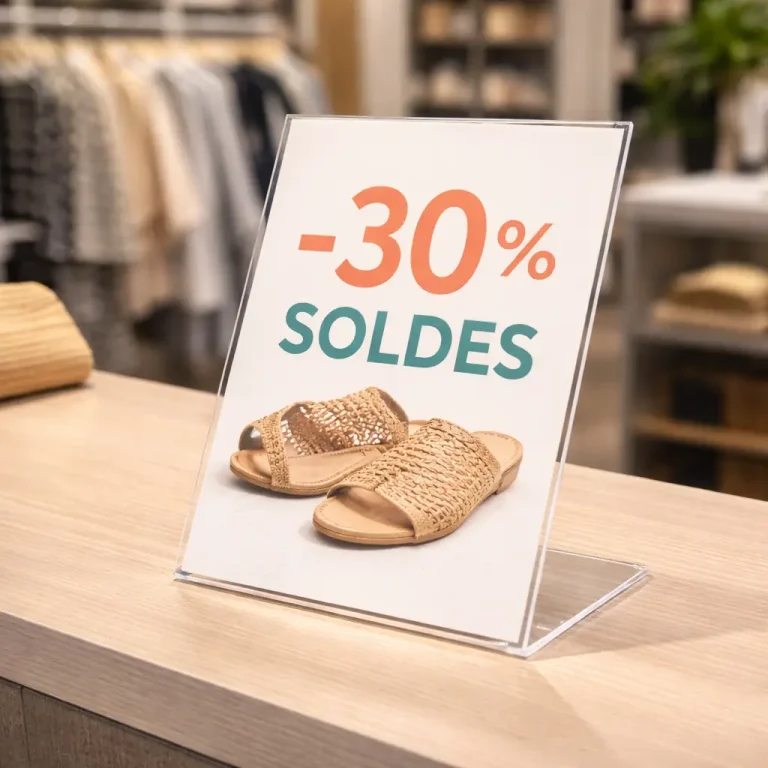 Un panneau d'affichage sur le comptoir d'un magasin montre une paire de sandales tissées et un texte indiquant -30% SOLDES, avec une plieuse plastique à proximité. Les rayons de vêtements sont visibles dans l'arrière-plan flou, soulignant la vente à prix réduit en cours.