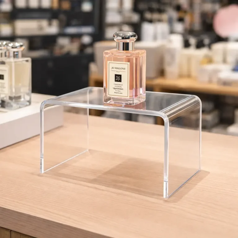 Un flacon de parfum Jo Malone est présenté sur un support en acrylique transparent, ressemblant à une plieuse plastique, placé sur une surface en bois. Des étagères contenant divers produits apparaissent en arrière-plan flou.