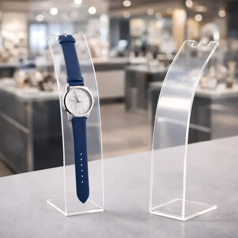 Une montre-bracelet argentée avec un bracelet bleu est présentée sur un support en plieuse plastique transparent à côté d'un support identique vide, sur le comptoir d'un magasin bien éclairé.