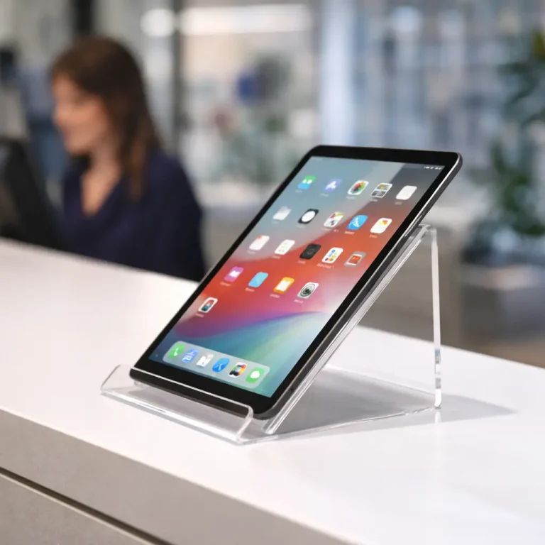 Une tablette affichant son écran d'accueil est posée sur un support en acrylique transparent, fabriqué avec précision à l'aide d'une plieuse plastique, sur un comptoir blanc, avec une personne floue en arrière-plan.
