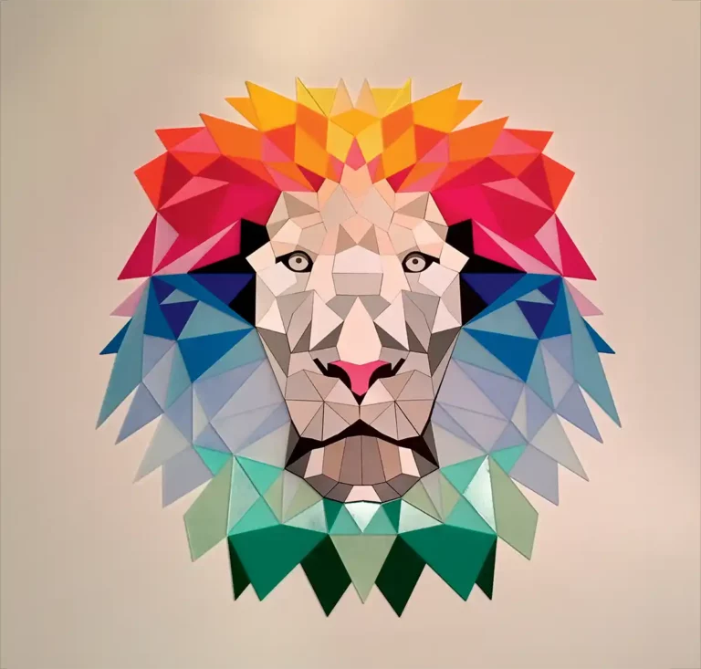Œuvre dart géométrique représentant un lion avec une crinière colorée aux nuances de rouge, orange, jaune, bleu et vert sur un fond uni. Le motif à facettes crée un effet saisissant et moderne rappelant la découpe et la gravure du plastique.