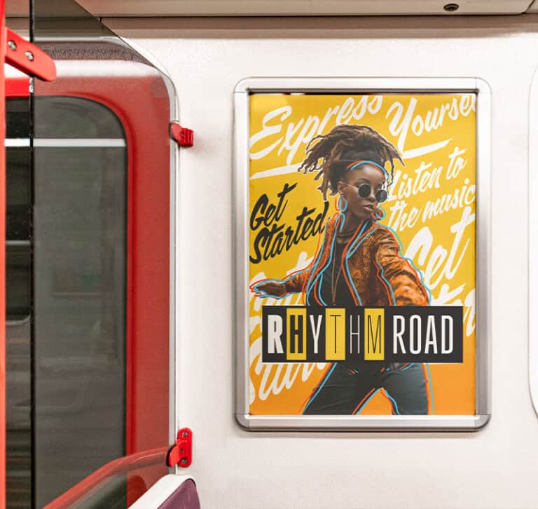 Une affiche de train aux couleurs vives met en scène une personne élégante portant des lunettes de soleil et des écouteurs. Le texte « Get Started, Express Yourself, Listen to the Music » danse aux côtés de « Rhythm Road » sur un fond jaune vif, le tout conçu de manière créative comme sil avait été touché par une imprimante/découpeuse à jet dencre.