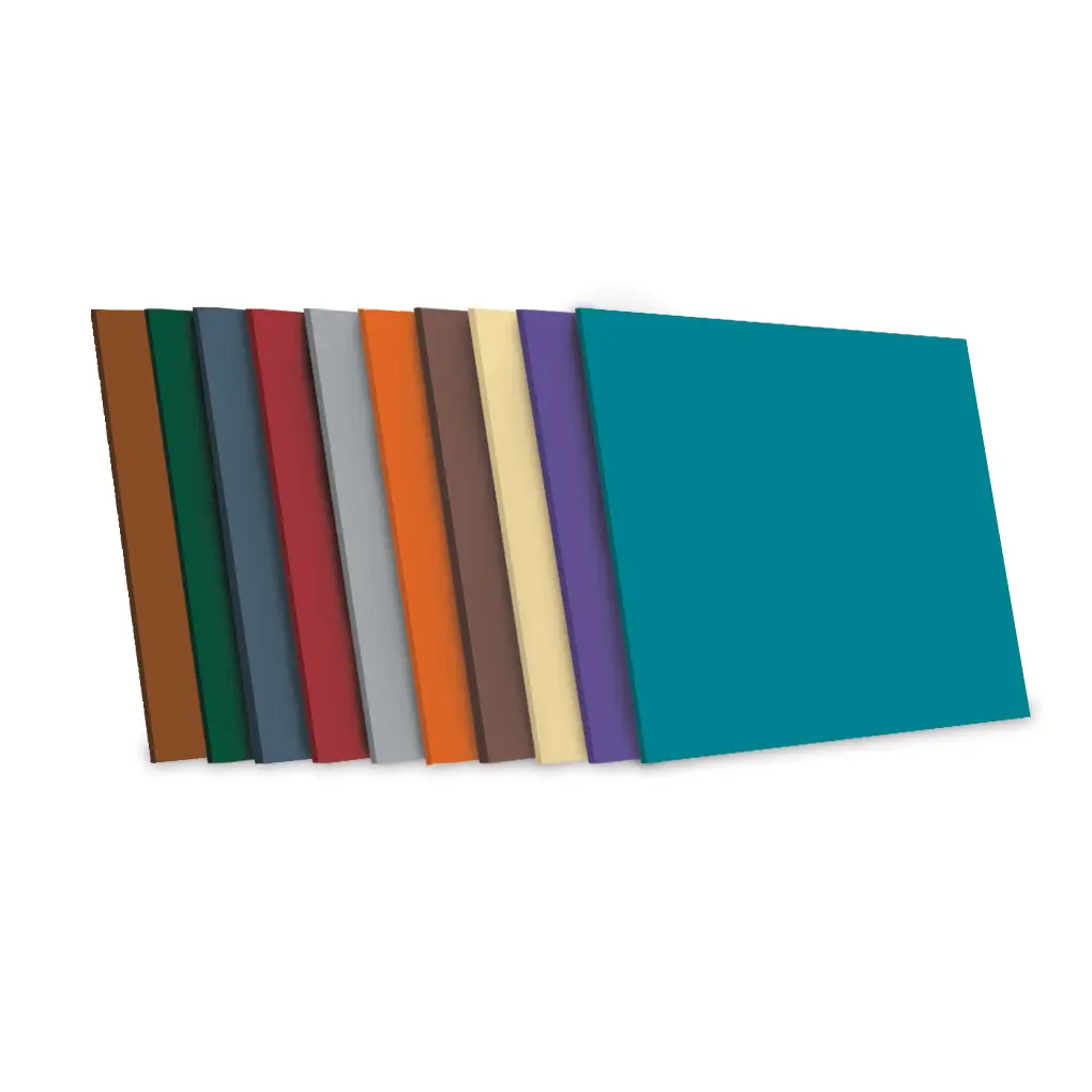 Une pile de dix feuilles rectangulaires, chacune d'une couleur unie différente, est disposée en éventail, avec la feuille sarcelle en haut, suivie du violet, du jaune, du marron, du beige, du gris, du rouge, de l'orange, du vert et du marron.