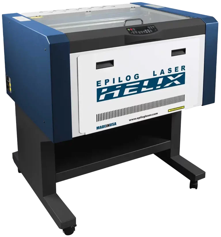 Une machine Epilog Laser Helix bleue et blanche sur un support noir, parfaite pour toute occasion laser. Elle est utilisée pour la gravure et la découpe, avec un panneau de commande sur le dessus et fièrement étiquetée « MADE IN USA ».