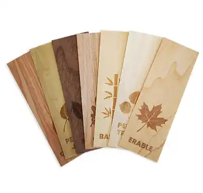 Arrangement en éventail de sept échantillons rectangulaires de FlexiWood en bois, chacun représentant des essences de bois différents, le tout sur un fond blanc.