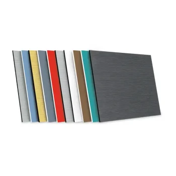 Neuf panneaux rectangulaires de différentes couleurs (gris, bleu, jaune, rouge, blanc, brun, sarcelle et noir) sont disposés en éventail sur un fond blanc.