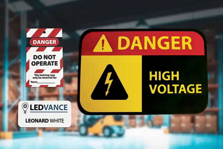 Image dun panneau « Danger : haute tension » avec une icône en forme déclair. À proximité se trouve une étiquette « Danger : ne pas utiliser » avec les logos LEDVANCE et Leonard White, placée dans un entrepôt avec un arrière-plan flou.