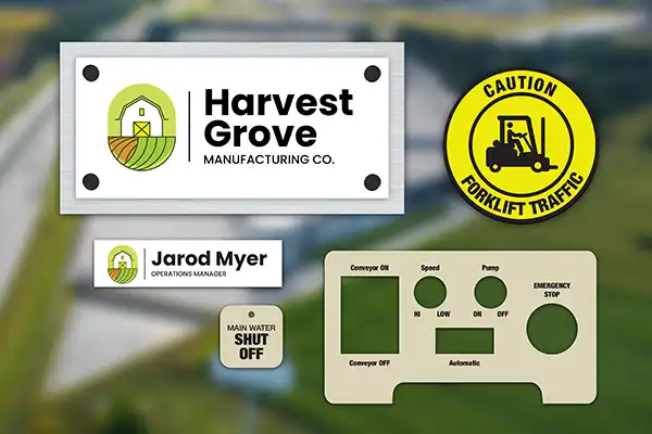 Une image montrant une carte de visite de Jarod Myer, directeur des opérations chez Harvest Grove Manufacturing Co. Un panneau d'avertissement pour la circulation des chariots élévateurs et un schéma du panneau de commande sont également visibles.