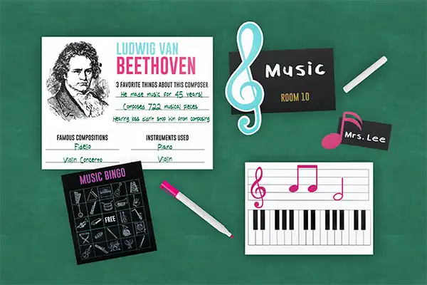 Un fond de tableau noir présente du matériel pédagogique sur le thème de la musique : une fiche dinformation sur Ludwig van Beethoven, des notes de musique, un panneau « Music Room 10 », une illustration de clavier et une carte « Music Bingo », ainsi quun marqueur et une gomme.