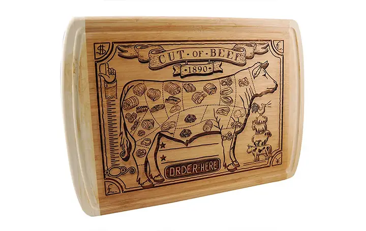 Une planche à découper de style vintage présente des illustrations précises de morceaux de bœuf sur une vache, avec des sections étiquetées. Le design imite une vieille publicité, avec des éléments décoratifs, lannée 1890 et la phrase « Commandez ici ». Parfait pour la décoration de la cuisine et léducation culinaire.