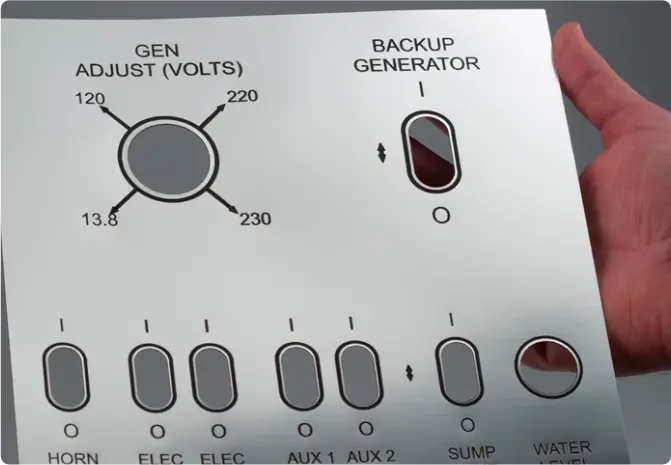 Une main tient un panneau métallique avec les commandes dun générateur. Il comprend un cadran de réglage de la tension marqué 120, 220, 13,8, 230 et un interrupteur pour un générateur de secours. Il y a également des interrupteurs étiquetés : HORN, ELEC, AUX 1, AUX 2, SUMP, WATER LEVEL.