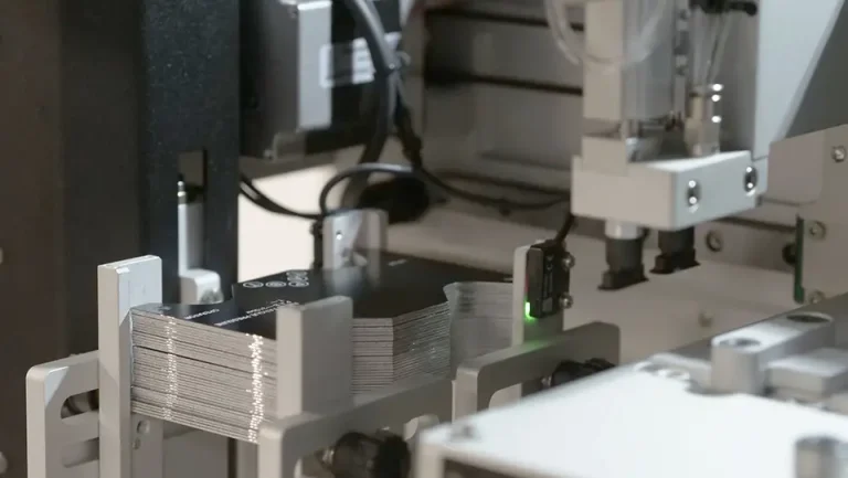 Gros plan d'une machine automatisée manipulant une pile de cartes ou de feuilles rectangulaires, avec des bras mécaniques, des capteurs et un marqueur laser visible dans un environnement industriel.