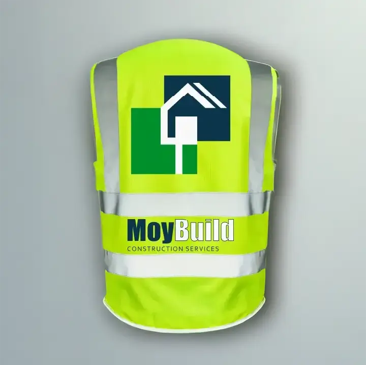 Un gilet de sécurité jaune fluorescent avec des bandes réfléchissantes. Le dos présente un logo bleu et vert sur le thème de la maison et le texte Moy Build Construction Services est imprimé sous le logo.