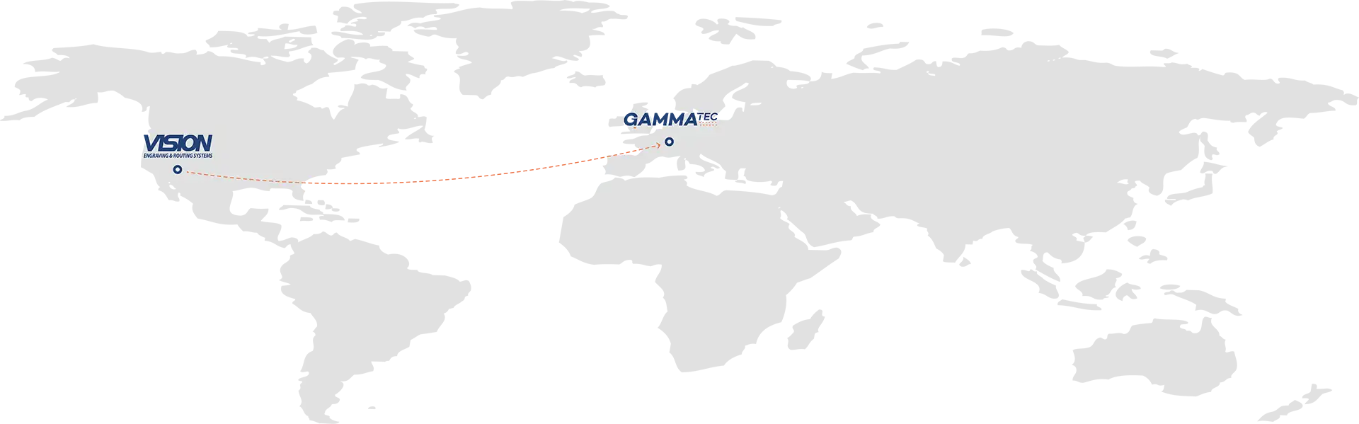 Une carte avec un chemin orange relie Vision Pharmaceuticals à l'ouest à Calzyme à l'est, en mettant en évidence leurs logos et leurs noms ; à l'arrière-plan, de subtiles illustrations de machines de fraisage hélio sont visibles sur une carte gris clair, délavée.