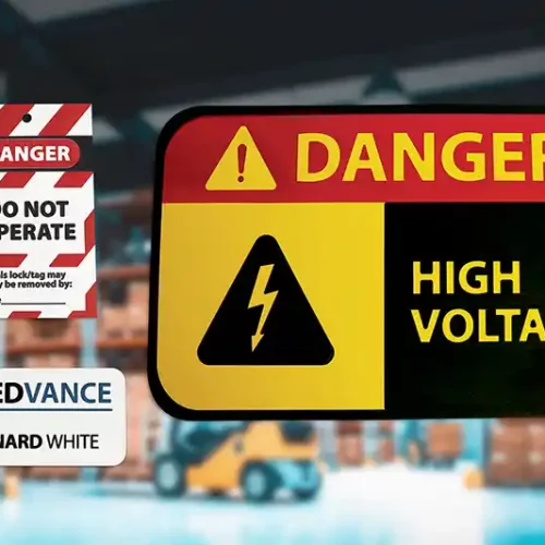Image dun panneau « Danger : haute tension » avec une icône en forme déclair. À proximité se trouve une étiquette « Danger : ne pas utiliser » avec les logos LEDVANCE et Leonard White, placée dans un entrepôt avec un arrière-plan flou.