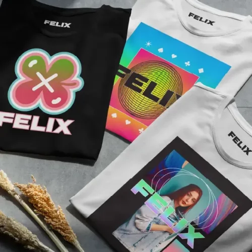Trois t-shirts pliés de la marque FELIX sont disposés, chacun présentant des motifs audacieux rendus possibles grâce à l'imprimante/découpeuse jet d'encre. À proximité, des plantes séchées ajoutent une touche rustique à cette présentation accrocheuse.